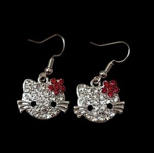 Hello Kitty Crystal Silver & Red Dangle Earrings